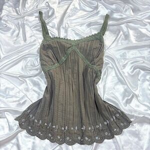 y2k fairy core Cami Top Brown Crochet Trim Floral Sequin Fairycore MS 14
